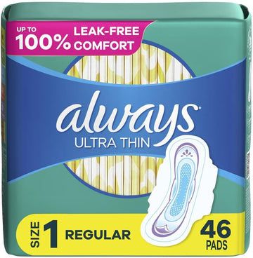 Always Ultra Thin, Feminine Pads For Women, Size 1 Regular Absorbency, With Wings, Unscented, 46 Count