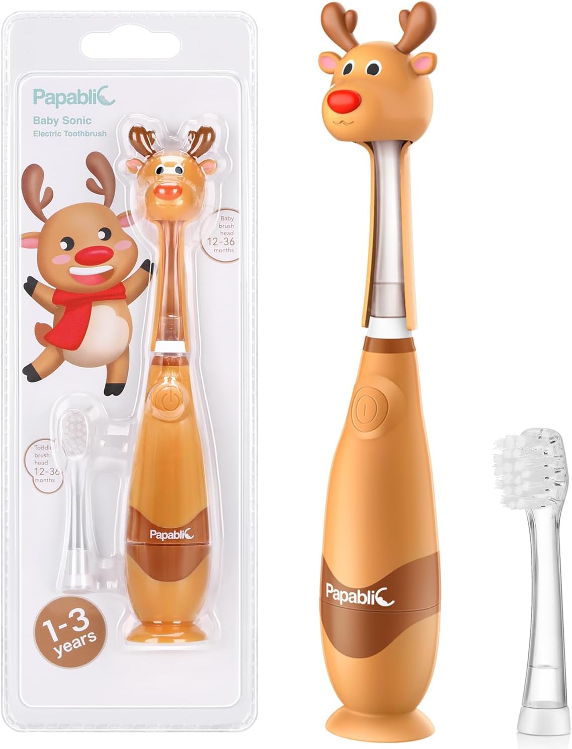 Papablic Toddler Sonic Electric Toothbrush for Ages 1-3 Years, Baby Electric Toothbrush with Cute Reindeer Cover and Smart LED Timer, 2 Brush Heads (Ruby)