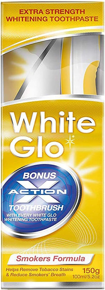 White Glo Smokers Formula Intense Extra Strength Whitening Toothpaste & Bonus Action Toothbrush-150G New