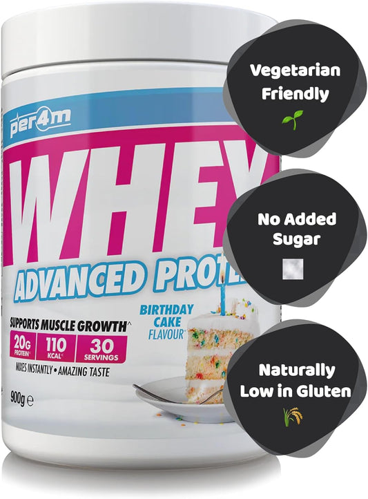 Per4M Protein Whey Powder | 30 Servings Of High Protein Shake With Amino Acids | For Optimal Nutrition When Training | Low Sugar Gym Supplements (Birthday Cake, 900G)