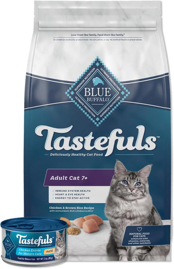 Blue Buffalo Tastefuls Adult 7+ Natural Cat Food Bundle, Dry Cat Food And Wet Cat Food, Chicken (7-Lb Dry Food + 3Oz Cans 24Ct)