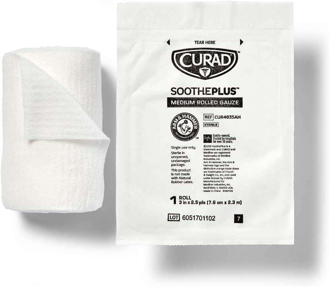 Curad SoothePlus Rolled Gauze with Arm & Hammer Baking Soda, 3" x 2.5 yds, 5 count (Pack of 1) : Health & Household