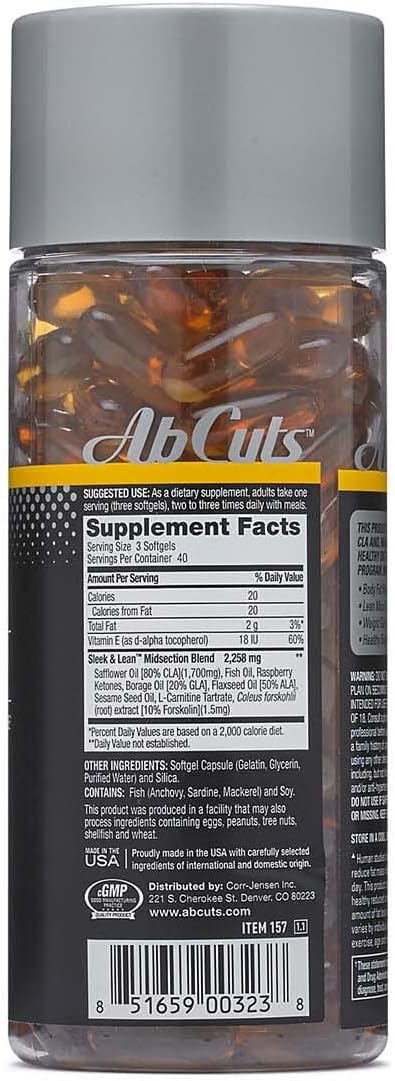 AbCuts Sleek and Lean - 120 Easy-to-Swallow Softgels - CLA Supplement,