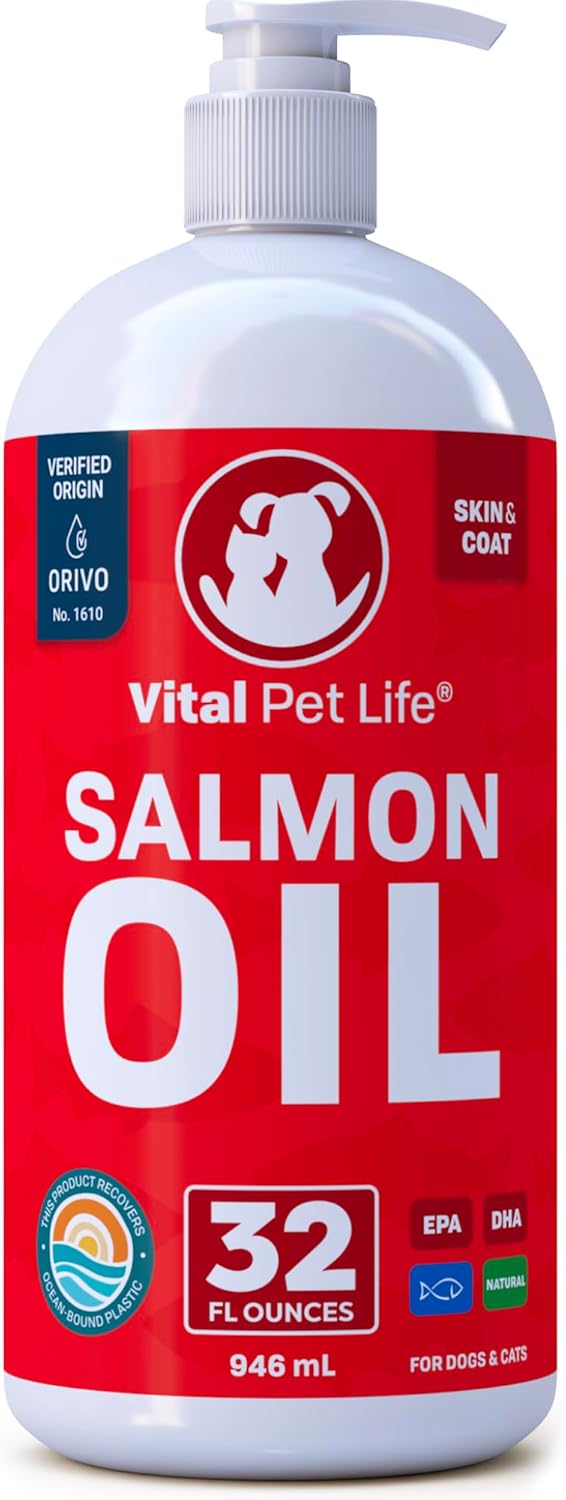 Salmon Oil For Dogs & Cats - Healthy Skin & Coat, Fish Oil, Omega 3 Epa Dha, Liquid Food Supplement For Pets, All Natural, Supports Joint & Bone Health, Natural Allergy & Inflammation Defense, 32 Oz