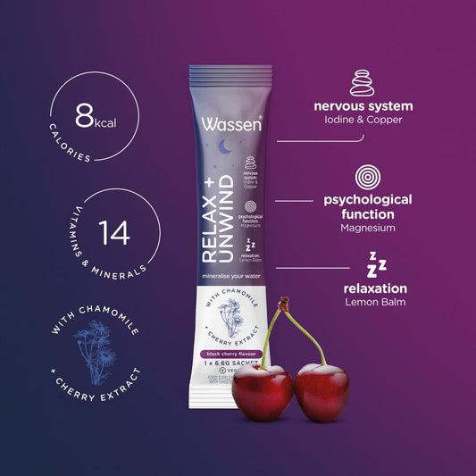 Wassen Relax & Unwind Magnesium Sachets - 14 Sachets | Lemon Balm Supplement To Help Relaxation | Vitamin Powder For Water | Magnesium Powder Helps Psychological Function | Magnesium Powder Supplement