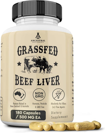 Ancestral Supplements Grass Fed Beef Liver 180 Capsules, Supports Energy Production, Detoxification, Digestion, Immunity And Full Body Wellness, Non-Gmo, Freeze Dried Liver Health Supplement