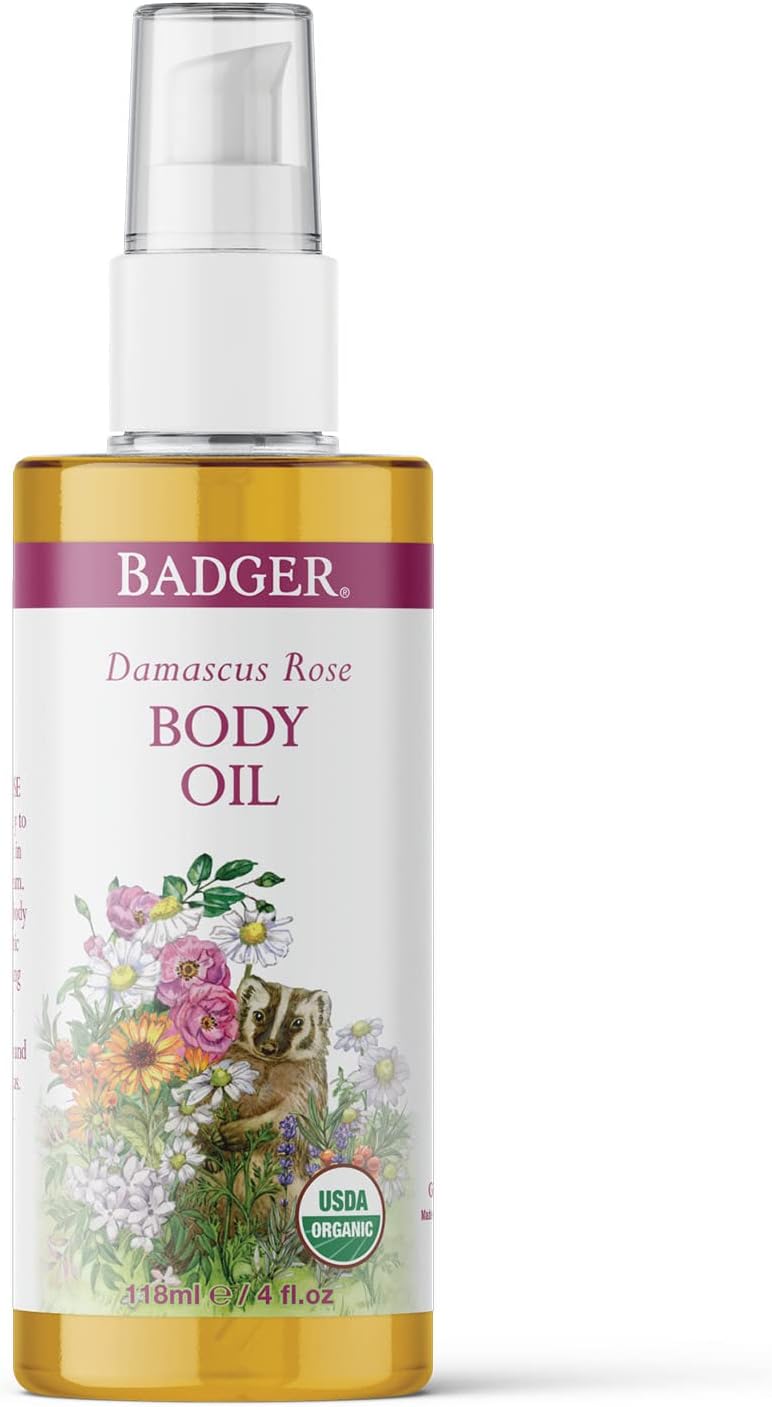 Badger - Body Oil, Damascus Rose, Certified Organic Body Oil, Natural Body Oil, Skincare Oil, Body Oil Organic, After Shower Body Oil, Body Oil For Women, Moisturizer Body Oil, 4 Oz