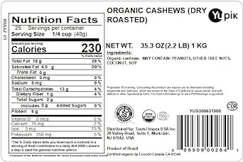 Yupik Dry Nuts, Roasted Organic Cashews, 2.2 lb, Non-GMO, Vegan, Gluten-Free, Pack of 1