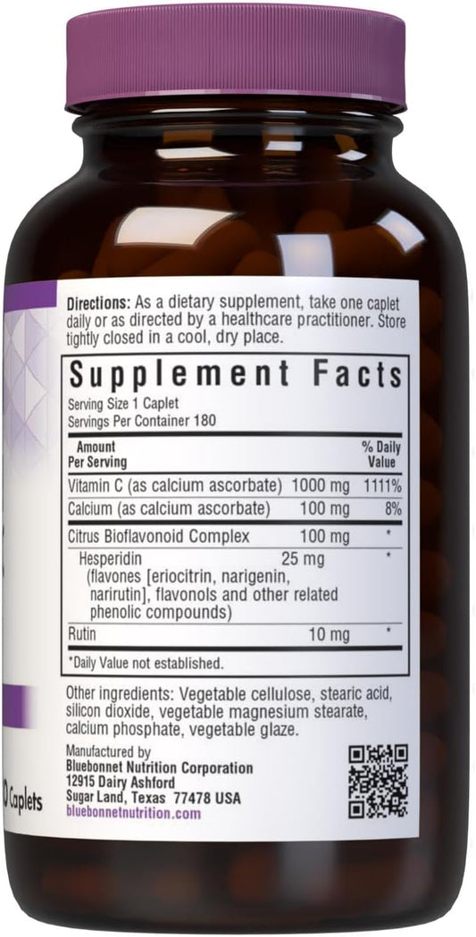 Bluebonnet Nutrition Buffered Vitamin C1000 Mg Caplets Buffered Calcium Ascorbate, For Immune Health Soy Free Gluten Free Nongmo Kosher Dairy Free Vegan Caplets, White, Citrus, 180 Count