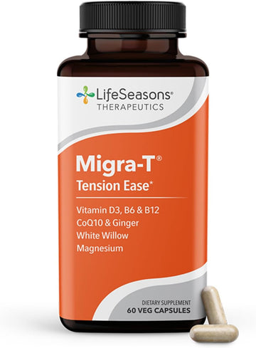 LifeSeasons - Migra-T - Migraine Prevention & Relief Supplement - Support for Severe Headaches - Reduces Light Sound & Odor Sensitivity - Feverfew, White Willow, Magnesium Ginger & CoQ10-60 Capsules