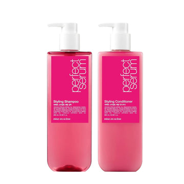 Mise En Scene Perfect Styling Serum Shampoo And Conditioner Set - Korean Damaged Hair Care With Morocco Argan Oil, Powdery Floral Scent, Nourishing