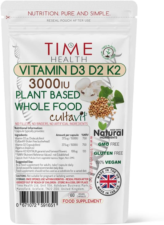 Vitamin D3, D2, K2, Natural Wholefood Plant Based 3000IU - Zero Additives - Pullulan (60 Capsule Pouch) : Amazon.co.uk: Health & Personal Care