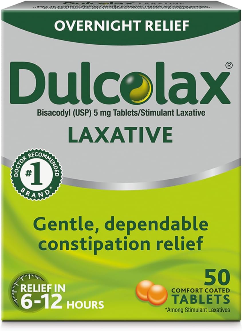 Dulcolax Overnight Relief Laxative for Gentle Constipation Relief, Bisacodyl 5 mg Tablets, 50 Count