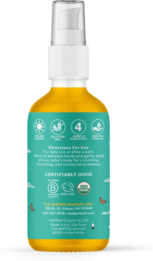 Badger Baby Oil, Chamomile & Calendula, Certified Organic Soothing Oil for Dry Skin or Cradle Cap, 4 Fl Oz Glass Bottle