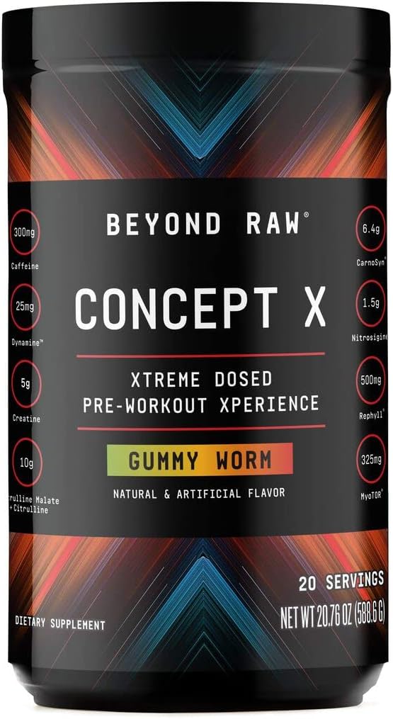 Beyond Raw Concept X | Clinically Dosed Pre-Workout Powder | Contains Caffeine, L-Citrulline, Creatine, And Beta-Alanine | Gummy Worm | 20 Servings