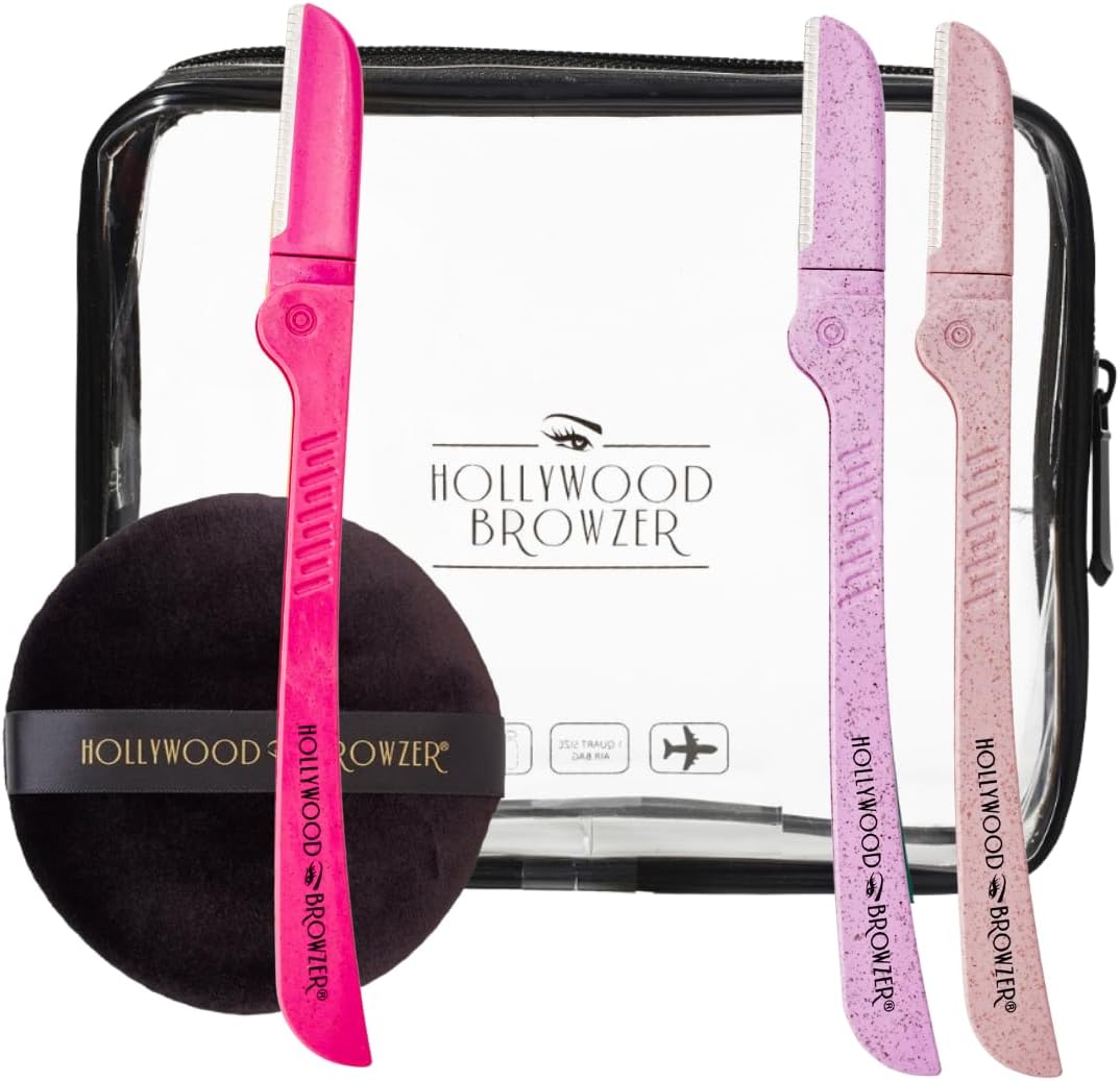 Hollywood Browzer Glow Kit - 3 X Dermaplaning Razors + Deluxe Microfibre Makeup Puff + Clear Toiletries Travel Bag Bundle Gift Set (Pink Bundle)