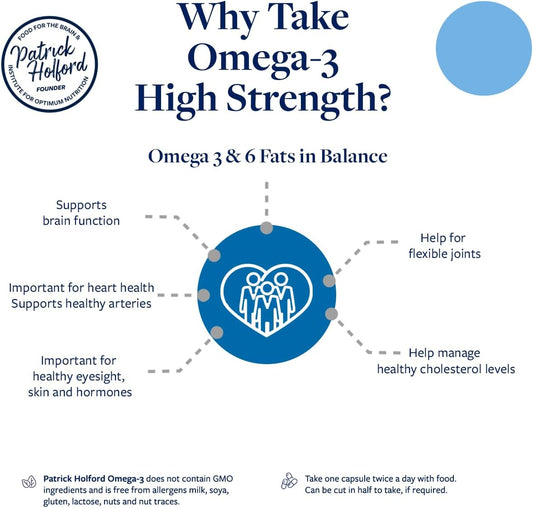 Patrick Holford Essential Omegas/Omega-3 & 6 Supplement/For Heart, Brain & Vision Support / 4 Nutrients/Epa 350Mg, Dha 224Mg, Dpa 42Mg, Gla 50Mg / 120 Capsules/For Women & Men