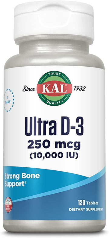 Kal Ultra Vitamin D3 10000 Iu 250 Mcg, High Potency Vitamin D Tablets, Calcium Absorption, Bone Health And Immune Support Supplement, Rapid Disintegration D-3 Activtabs, 120 Servings, 120 Tablets