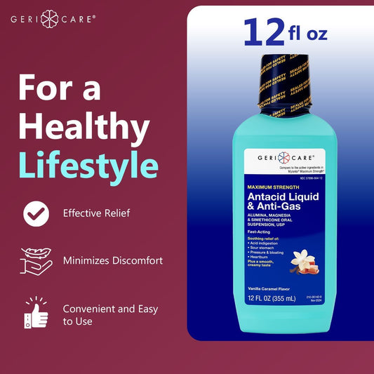 Gericare Antacid Liquid & Anti-Gas Relief, Maximum Strength For Heartburn, Acid Reflux, Sour Stomach, Pressure & Bloating, Acid Indigestion, & Gas, Vanilla Caramel Flavor (2)