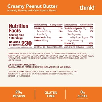 think! Protein Bars, High Protein Snacks, Gluten Free, Kosher Friendly, Creamy Peanut Butter, Nutrition Bars, 2.1 Oz per Bar, 12 Count (Packaging May Vary) : Grocery & Gourmet Food