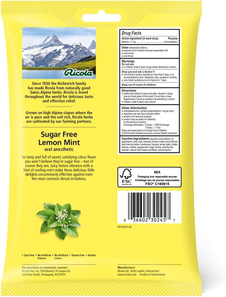 Ricola Sugar Free Lemon Mint Bag | Cough Suppressant Throat Drops | Naturally Soothing Long-Lasting Relief - 45 Count (Pack of 1)