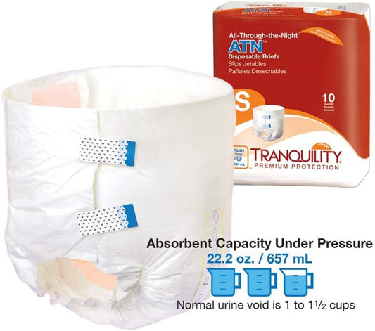 Tranquility Premium Atn Disposable Briefs With Tabs, Overnight Protection Superabsorbent Core For Leak-Free And Full-Fit Comfort, Small 100Ct Case