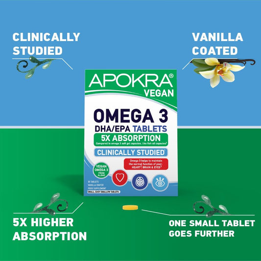 Vegan Omega 3 Tablets From Algae | Fish Free | High In Dha | 5X Absorption | Carrageenan Free | No Heavy Metals | Easy Swallow | 30 Vanilla Coated Tablets | Apokra