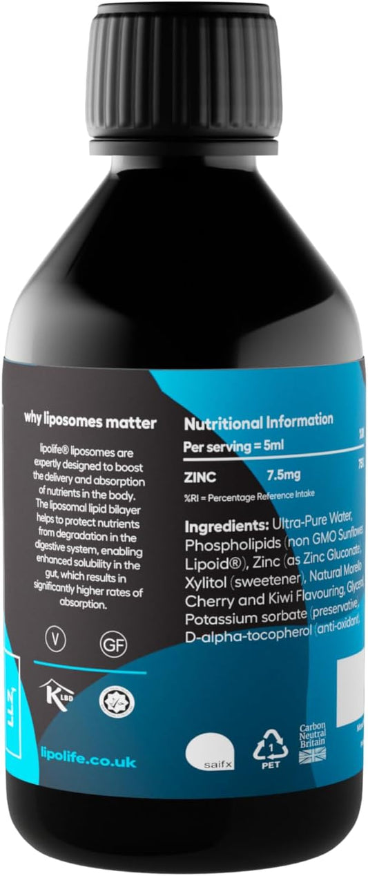 Lipolife Liposomal Liquid Zinc Supplement For Optimal Immune Support Llz1. Delicious Cherry And Kiwi Flavour, Vegan, Gluten Free, Sugar Free. 48 Servings