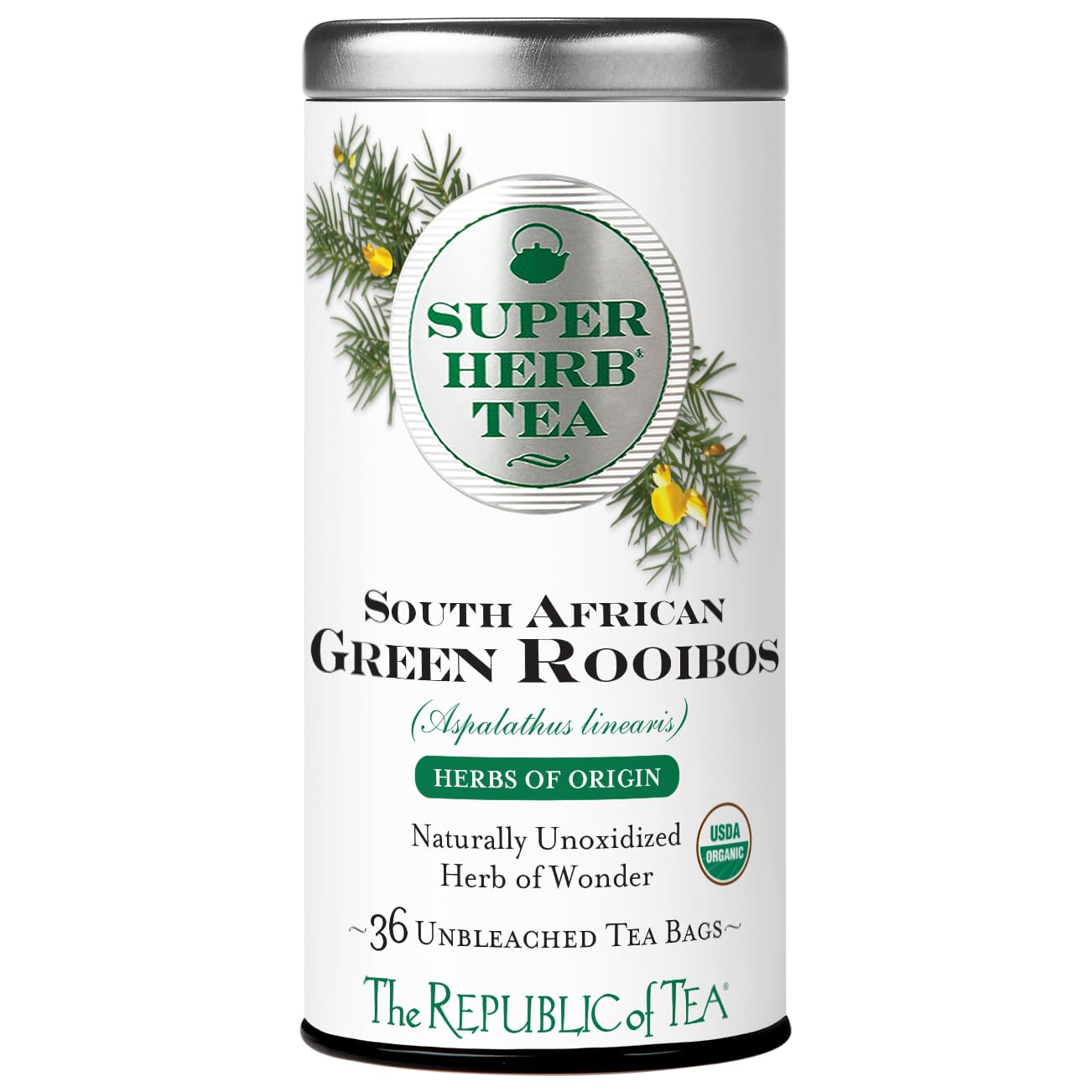 The Republic Of Tea — Organic South African Green Rooibos Superherb Tea Tin, 36 Herbal Tea Bags, Naturally Caffeine-Free Herbs Of Origin