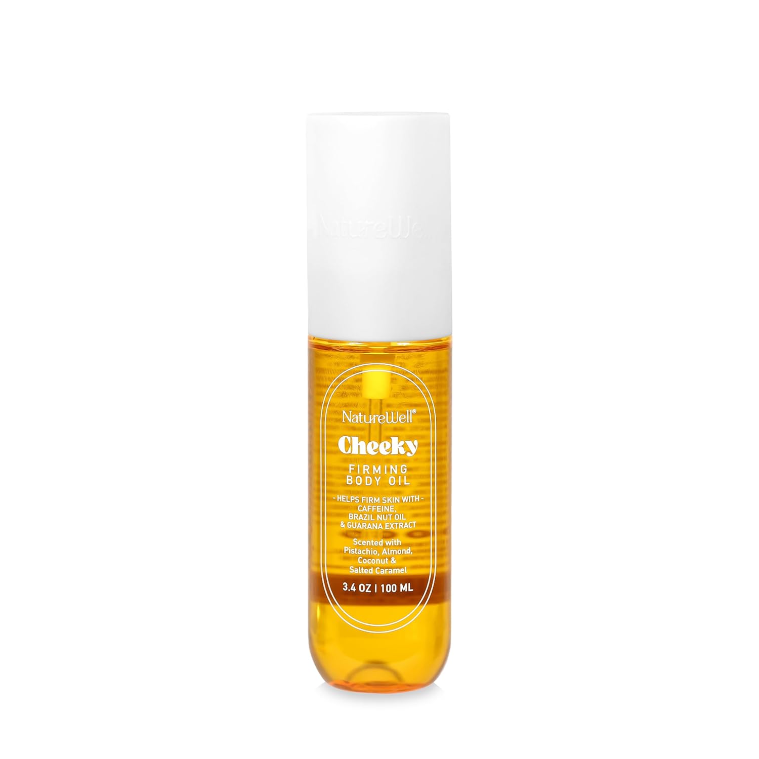 Nature Well Cheeky Firming Body Oil, Luxuriously Glowy & Fast-Absorbing Formula Designed To Nourish, Firm, & Visibly Smooth Skin, Scented With Pistachio, Almond, Coconut, & Salted Caramel, 3.4 Oz