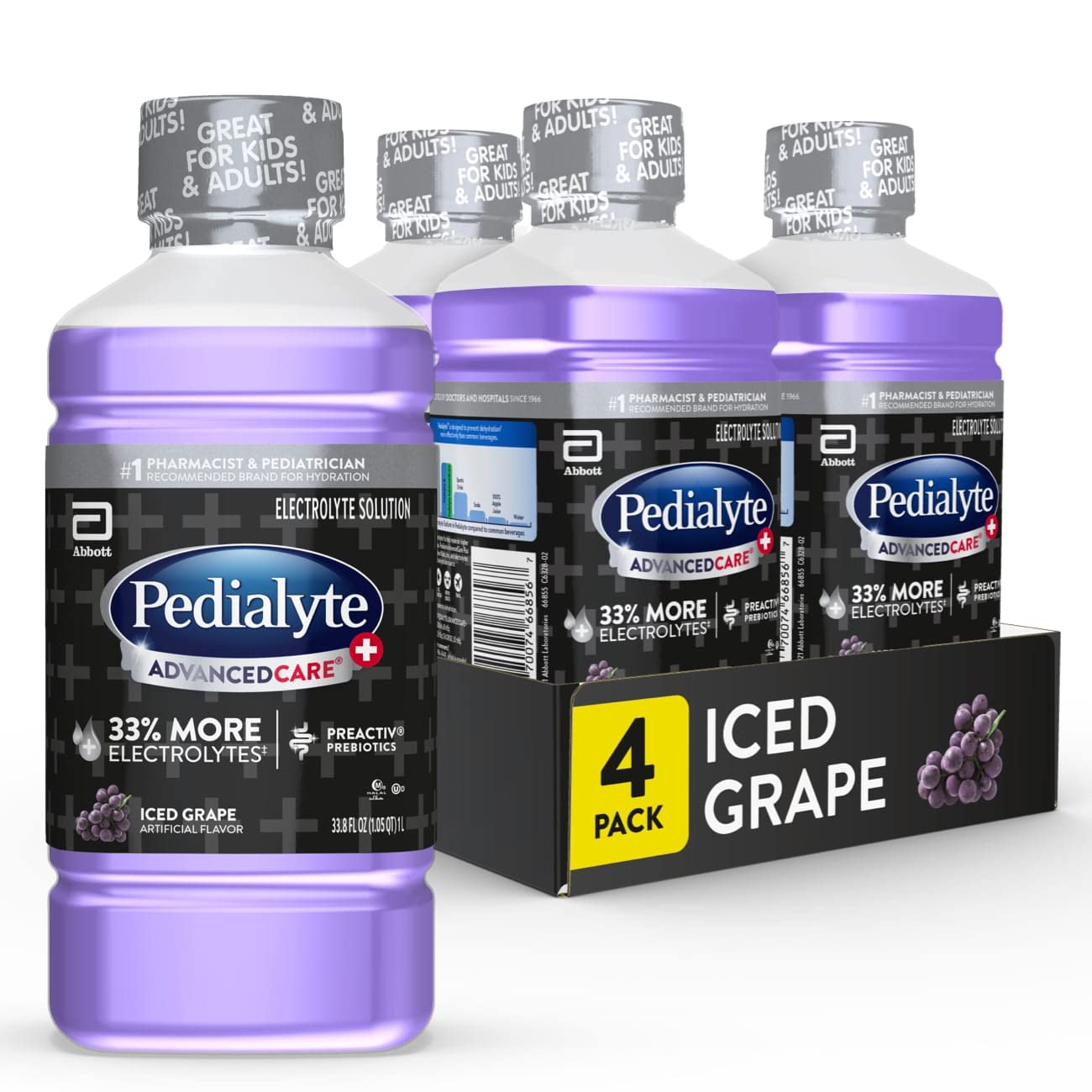 Pedialyte Advancedcare Pedialyte Advancedcare Plus Electrolyte Drink With 33% More Electrolytes And Has Preactiv Prebiotics, Iced Grape, 1 Liter, 4 Count