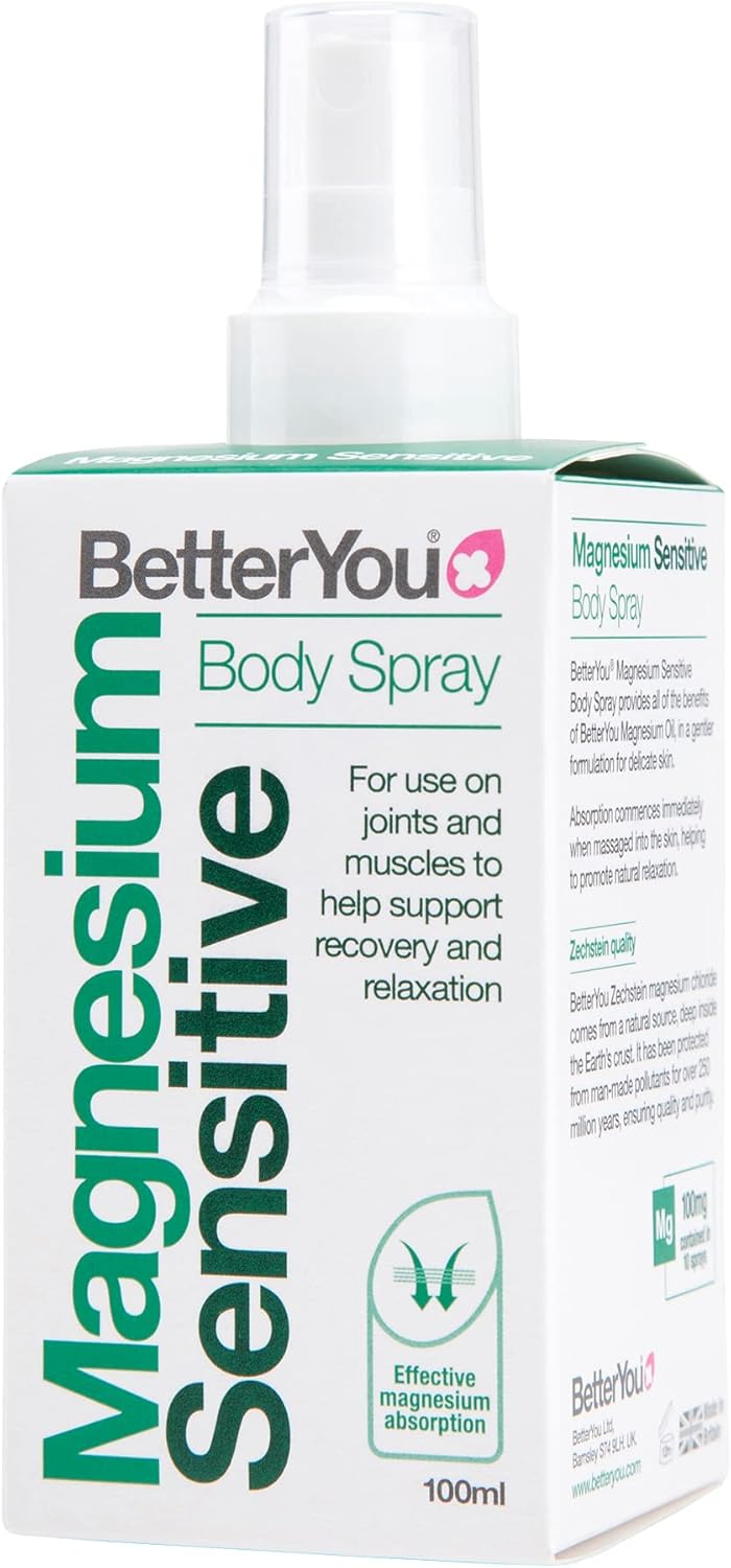 Betteryou Magnesium Sensitive Body Spray, Pure, Clean And Natural Source Of Chlorides, Spray, Vegan & Palm-Oil Free, 100 Ml (600 Sprays)