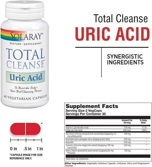 Solaray Total Cleanse Uric Acid, Tart Cherry, Bromelain, Quercetin and More, Joint Comfort Support, Vegan, 60 Caps