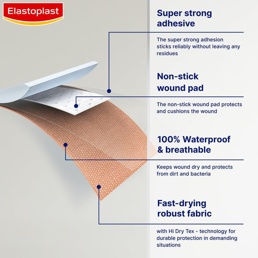 Elastoplast Extra Tough Waterproof Fabric Plasters - 1 Pack (12 Plasters), Breathable, Strong Adhesion, Waterproof Technology, Tan