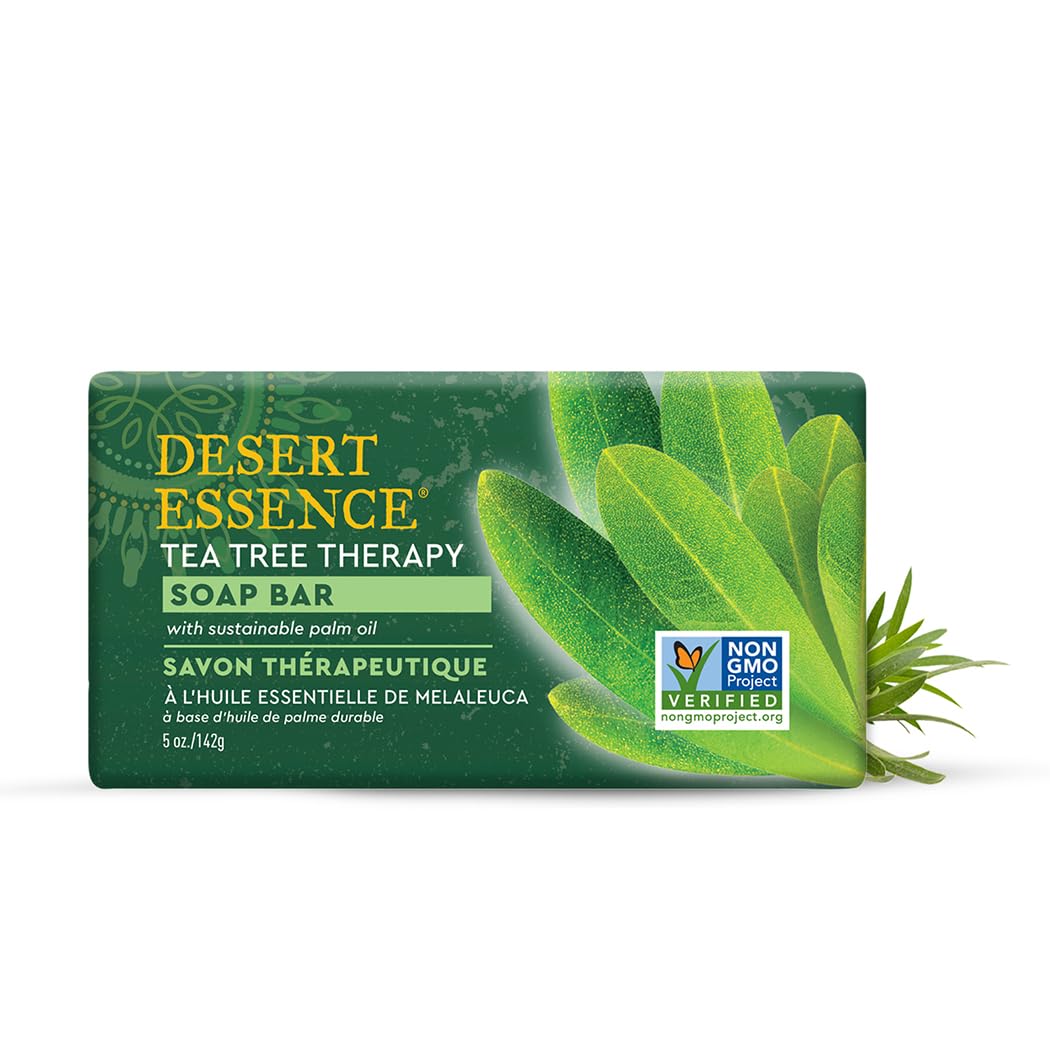 Desert Essence Tea Tree Therapy Cleansing Soap Bar - Botanically-Based With Sustainable Palm Oil, Eco-Harvest® Tea Tree, Jojoba Oil, Aloe – Safe For Sensitive Skin, Face & Body, Vegan, Cruelty-Free