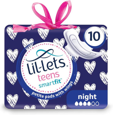 Lil-Lets Teens Night Pads X 10, Petite Towels For Girls & Teenagers, With Wings, For Heavy Flow, Unscented, Soft & Breathable, First Period Sanitary Towels, 1 Pack of 10 Pads