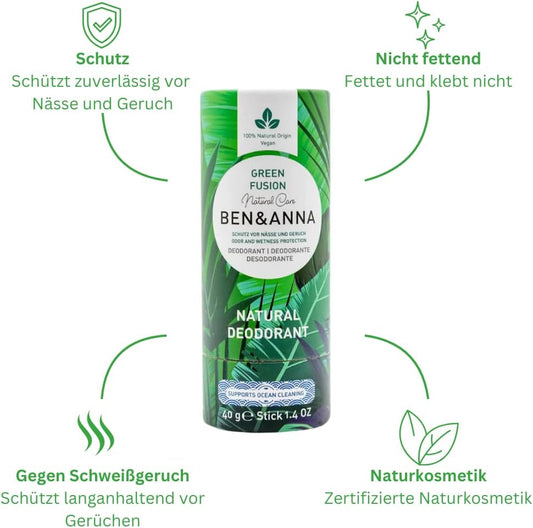 Ben & Anna Green Fusion - Natural Deodorant Stick For Men And Women | Vegan & Natural Cosmetics | Sustainable In Papertube | Against Heavy Sweating | Aluminium-Free (40 G (Pack Of 1), Green Tea