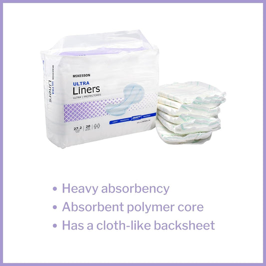 McKesson Ultra Incontinence Liners - Heavy Absorbency, Contoured, Unisex, Adult - One Size Fits Most, 27 1/5 in Long, 20 Count, 4 Packs, 80 Total