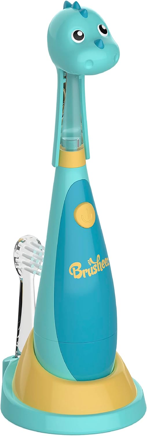 Brusheez Little Toddlers Sonic Toothbrush - Safe & Gentle Toothbrush for Ages 1-3 with Built-in, Light-Up 2-Minute Timer, Extra Brush Head, & Storage Base for First-Time Brushers (Rex The Dinosaur)