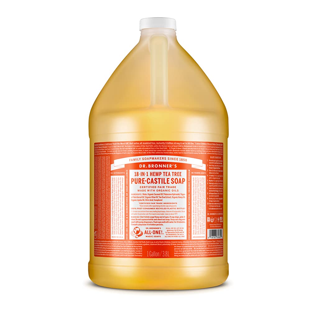 Dr. Bronner'S - Pure-Castile Liquid Soap (Tea Tree, 1 Gallon) - Made With Organic Oils, 18-In-1 Uses: Acne-Prone Skin, Dandruff, Laundry, Pets And Dishes, Concentrated, Vegan, Non-Gmo