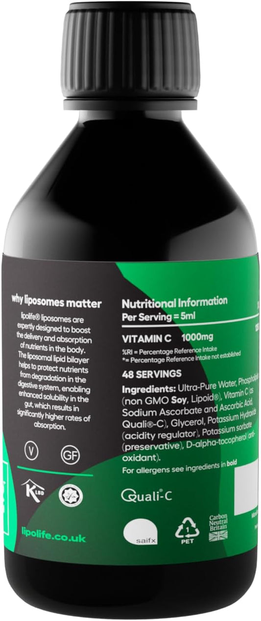 Lipolife Liposomal High Strength Vitamin C - 48 Servings 1000Mg Unflavoured. Lvc1 Made In Uk To Gmp Standards. Vegan Gluten-Free (Lipolife Gold) | Vitamin C Liquid