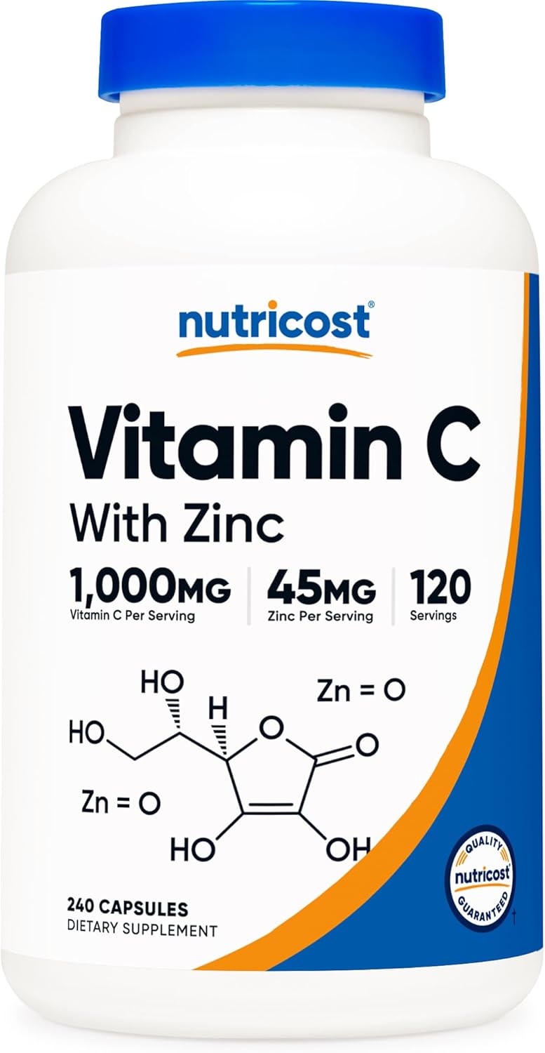 Nutricost Vitamin C With Zinc Supplement Capsules, 120 Servings - 1000Mg Vitamin C, 45Mg Zinc, Non-Gmo, Gluten Free