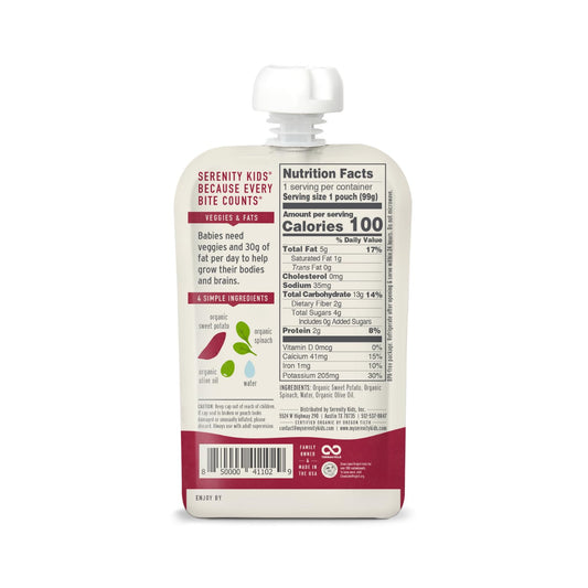 Serenity Kids 6+ Months Veggie Puree Baby Food Pouches - Usda Organic - No Sugary Fruits Or Added Sugar - Allergen Free - 3.5 Oz Bpa-Free Pouch - Sweet Potato & Spinach - 6 Count - Sweet Potato Puree