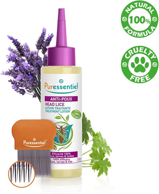 Puressentiel Head Lice Treatment Lotion & Head Lice Comb - Kills 100% Head Lice In Just 10 Minutes - 100% Natural Formula - Easy To Apply Lotion 100Ml - For Kids & Adults - Cruelty Free