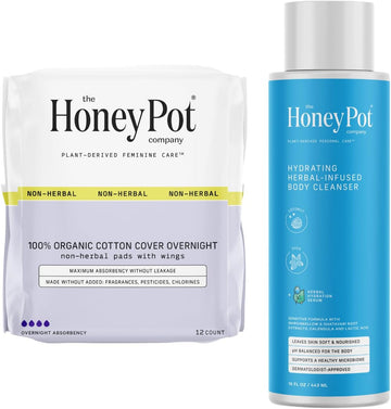 The Honey Pot Company - Non-Herbal Overnight Pads & Coconut Shea Body Cleanser Bundle - Cotton Cover & Body Wash To Moisturize & Cleanse Skin - Sanitary Pads For Women - Feminine Care - Fsa & Hsa