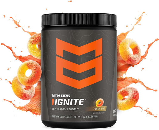 Mtn Ops Ignite Energy Drink Powder, Gluten Free Nootropic Supplement Drink Mix, L Arginine, L Citrulline, Caffeine & Nootropic Sugar Free Drink Mix, 45 Servings, Peach Zing