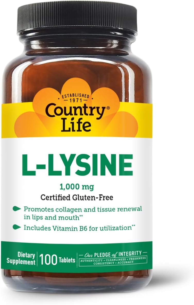 Country Life L-Lysine 1000Mg With Vitamin B6-100 Tablets - Promotes Collagen And Tissue Renewal - Aids Utilization - Gluten-Free…
