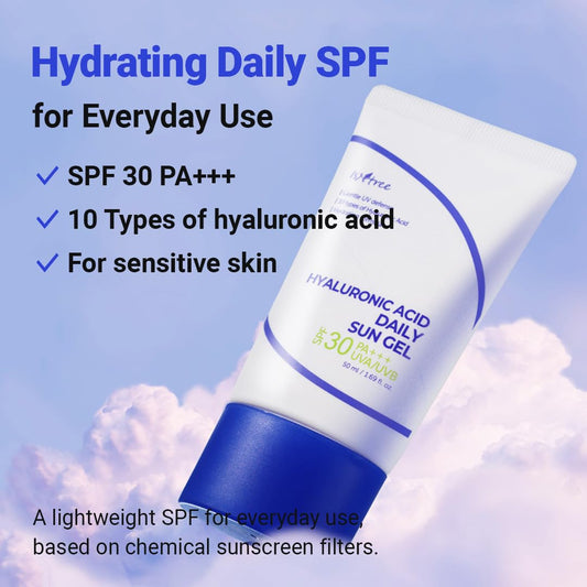 Isntree Hyaluronic Acid Daily Sun Gel 50Ml, 1.69 Fl Oz | Spf 30 Pa+++ | Moisturizing Sunscreen | No White Cast | Lightweight | Mild Formula | Korean Skincare