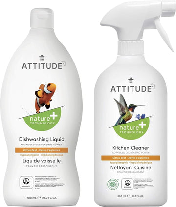 Bundle Of Attitude Kitchen Cleaner, Ewg Verified, Advanced Degreasing Power, Plant And Mineral-Based, Vegan, Citrus Zest, 27.1 Fl Oz + Dishwashing Liquid, Citrus Zest, 23.7 Fl Oz