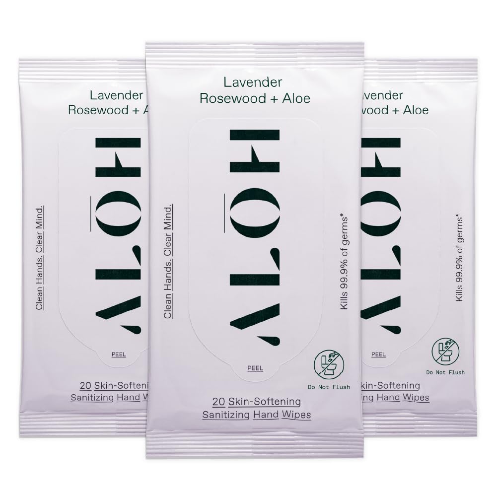 Aloh Lavender Rosewood + Aloe Sanitizing Hand Wipes - Clean Hands, Clear Minds - On The Go Sanitizing Hand Wipes For Kids And Adults - Travel Size 3 Pack, 20Ct Wipes (60 Wipes)